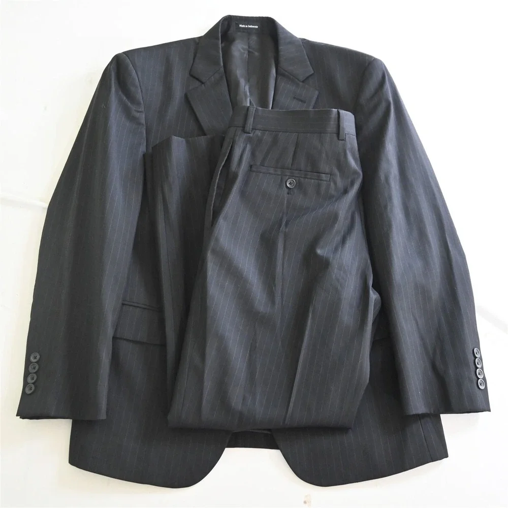 Pronto Uomo Platinum 40S 33x29 Black Striped 100% Wool Mens Jacket Pants Suit
